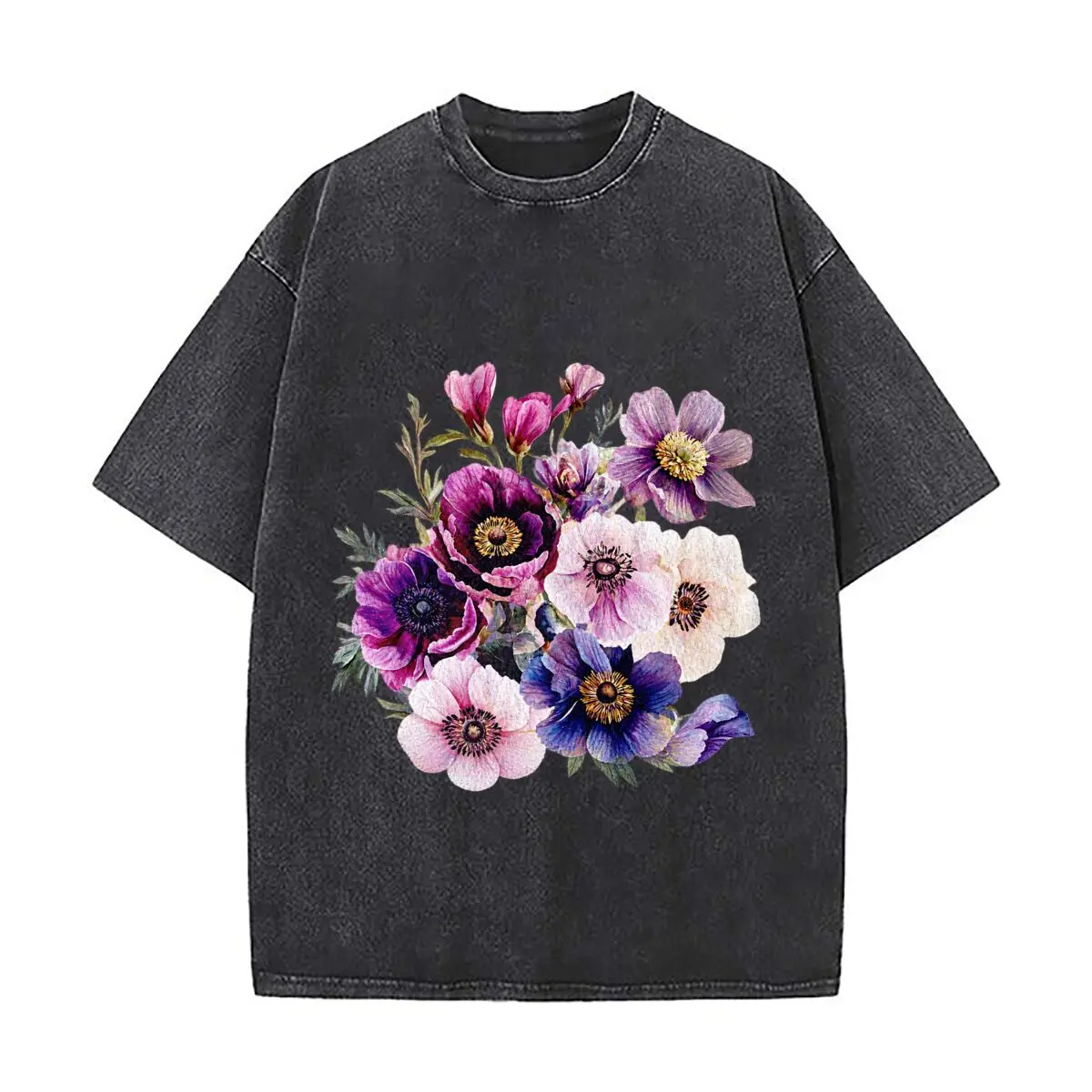 Pressed Purple Pink Flowers Boho Cottagecore Botanical Floral Bouquet Washed Short Sleeve Loose Streetwear Tee Hip Hop