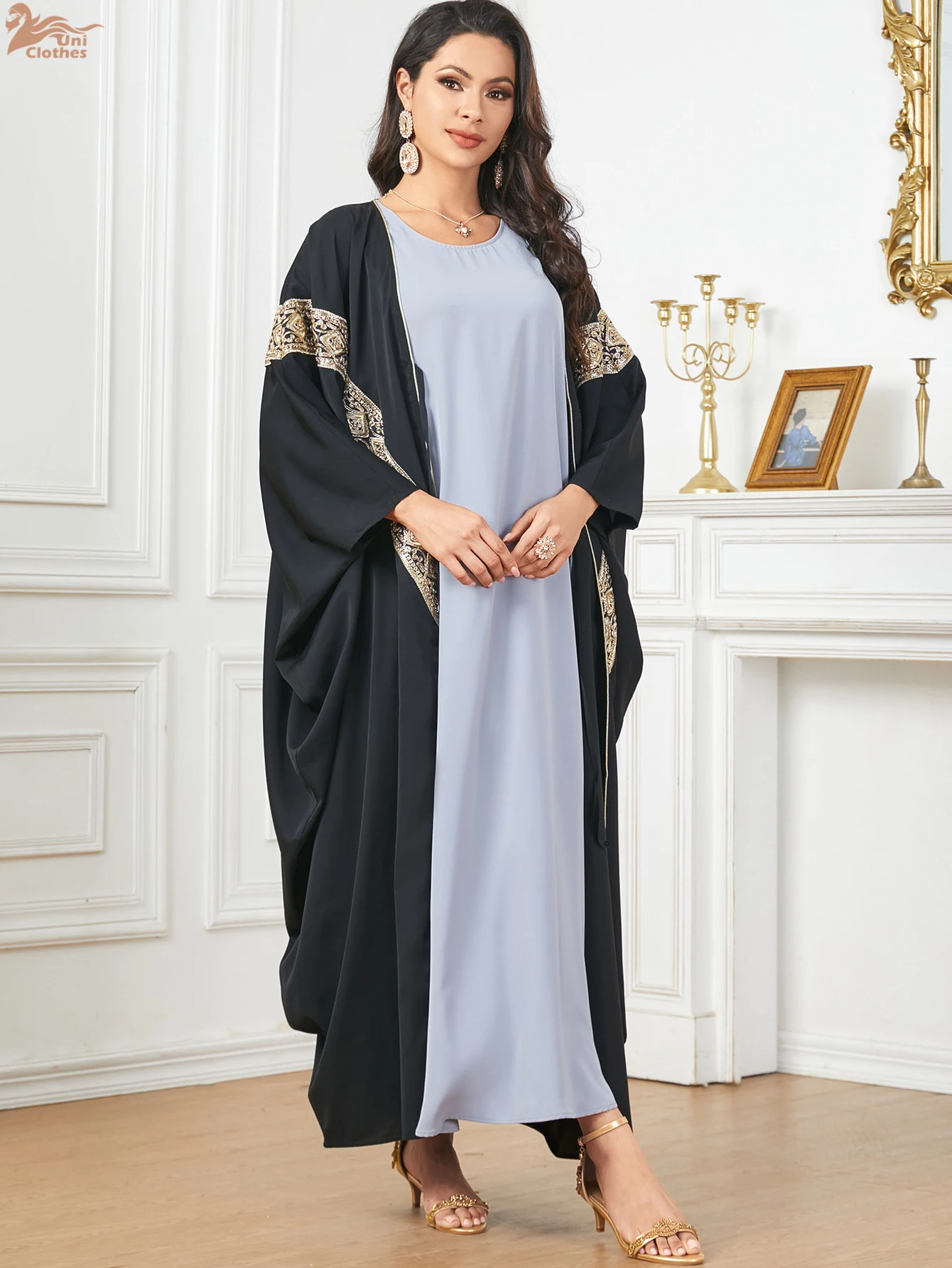 ชุดอาบายะห์หรูหราแบบเปิดสำหรับผู้หญิงมุสลิม ชุดคาฟตันสไตล์โมร็อกโก แขนทรงปีกค้างคาว แฟชั่นทันสมัย สง่างาม ทรงหลวม ชุดราตรียาว