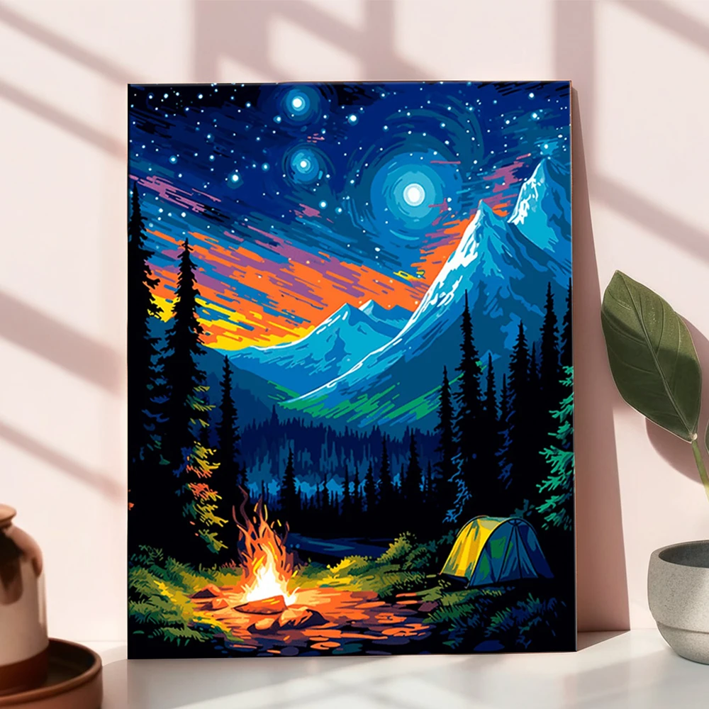 HUACAN صور زيتية طلاء بالأرقام منظر طبيعي جبلي رسم على قماش السماء المرصعة بالنجوم غابة هواية الفن الإبداعي