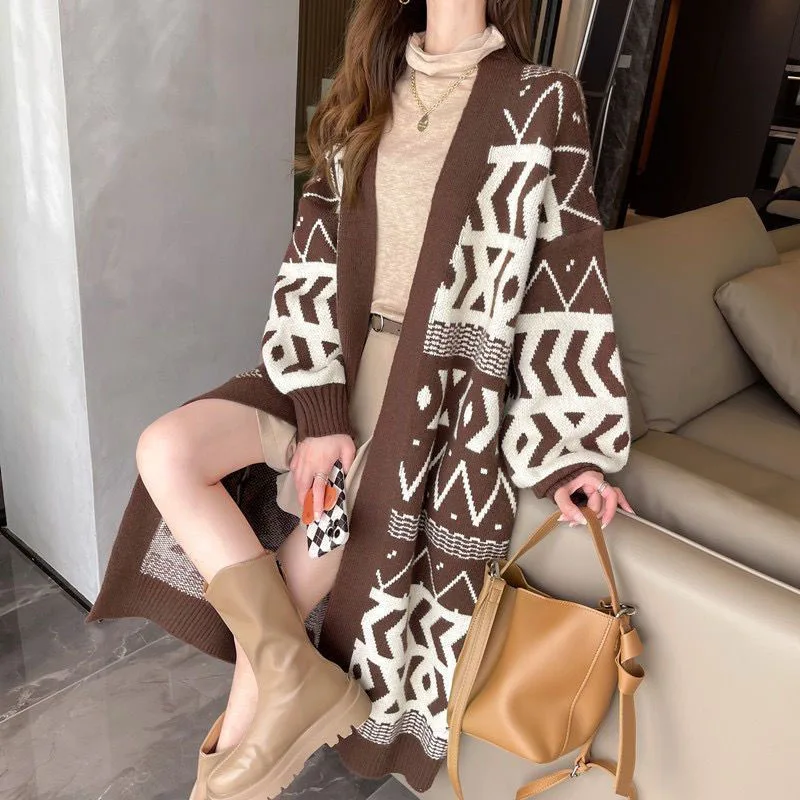 

Fashion Vintage Argyle Sweater Cardigans Women Autumn Winter Loose Lantern Sleeve Printing Affordable All-match Knitted Coat Top