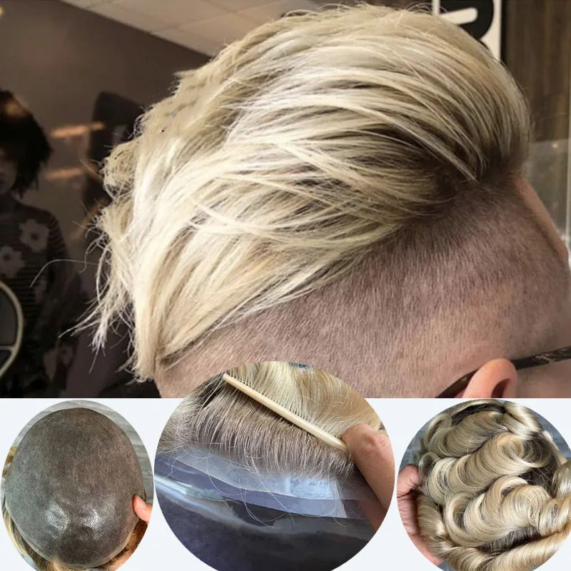 Peluquín de línea de pelo Natural para hombres, platino # 4T #613, Rubio, súper duradero, sistema de piel fina 0,06, cabello humano 100%, Peluca de micropiel con bucle en V