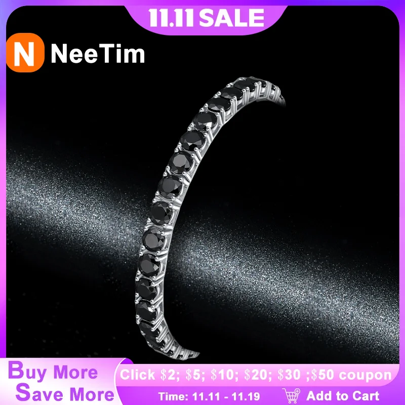 

NeeTim Full Black Moissanite Tennis Bracelets for Women Man s925 Sterling Silver with White Gold Plated Hip Hop Bracelet Jewelry