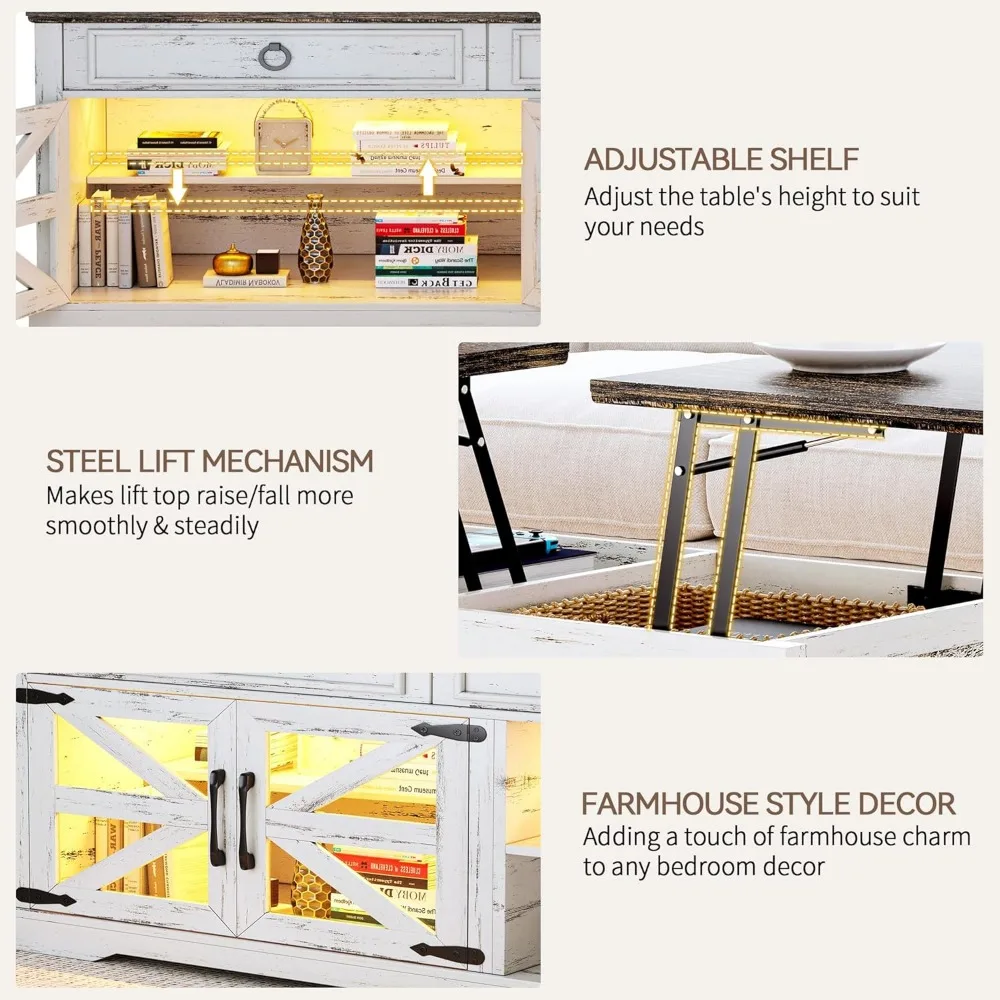 Table basse élévatrice de ferme avec lumières LED et station de charge, table centrale de salon, 2 compartiments de rangement cachés, 48 po