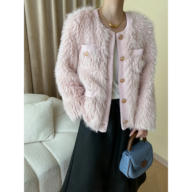 Luxury Fashion Fake Fur Women Coat Small Fragrant Tweed Stitching Fur Round Neck White Pink Black Female Coat Autumn Winter 1677