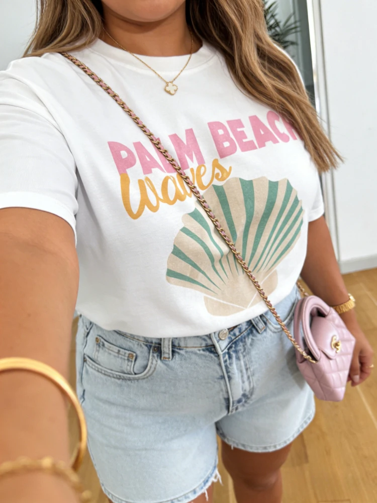 

Plus Size Women Tshirt Vintage Palm Waves Graphic Tops Cotton Soft Beach Tee Casual Short Sleeve Shirt for Female Chic Outfits