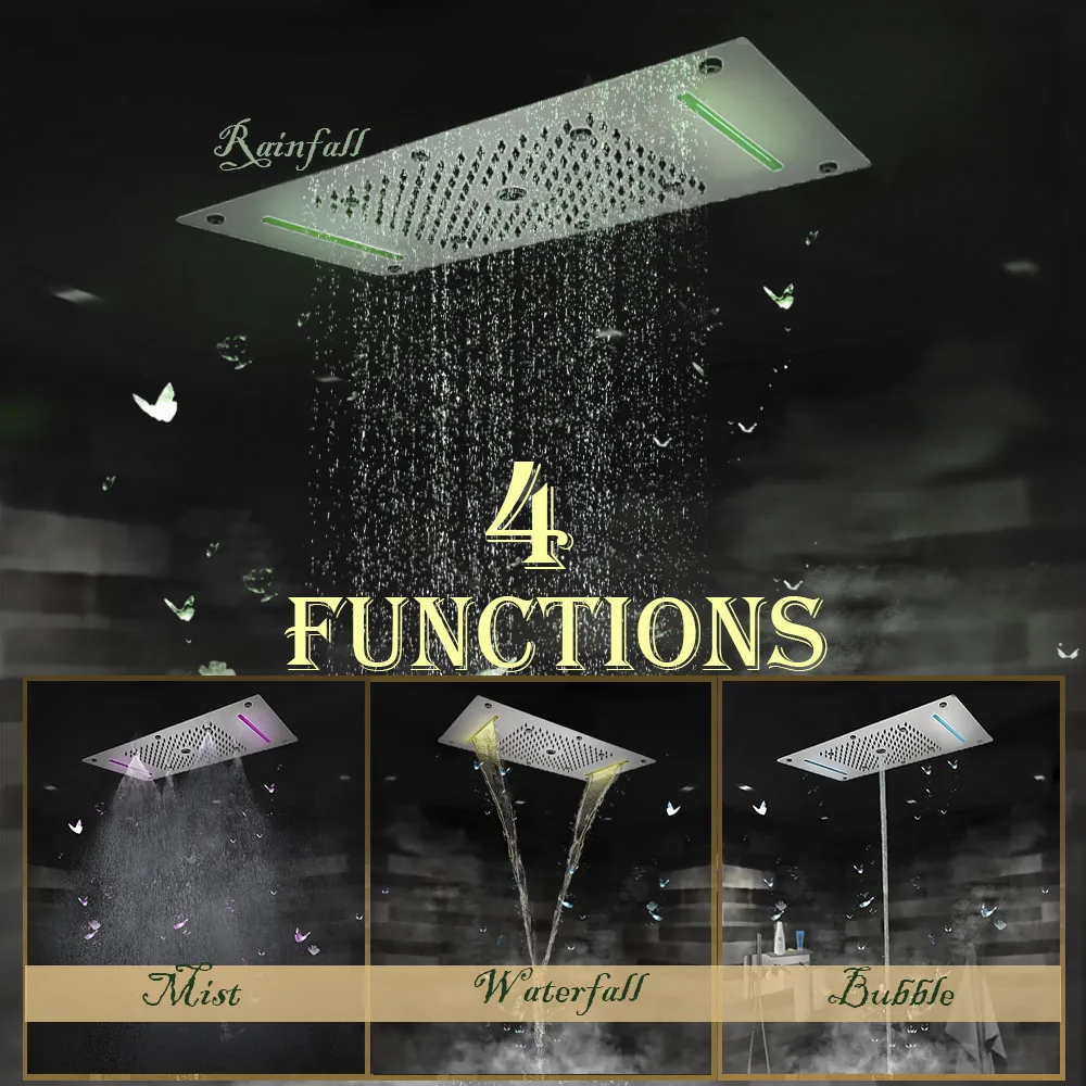 Concealed Thermostatic Shower Set Large Flow Multi Section Quick Opening Faucet LED Ceiling Rain Shower Head System Waterfall