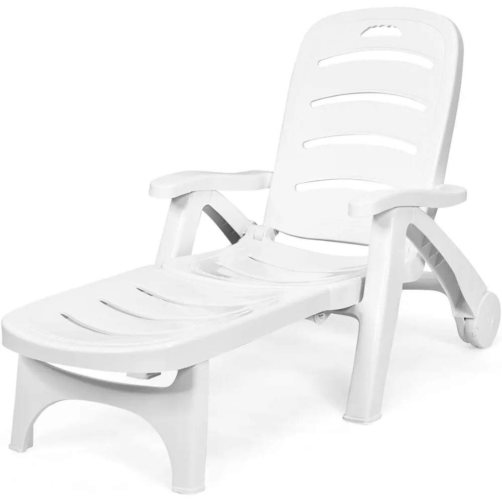 

Outdoor Chaise Lounge Chair, Adjustable 5-Position Recliner Chair with Built-in Wheels, Weather-Resistance Folding Lounge
