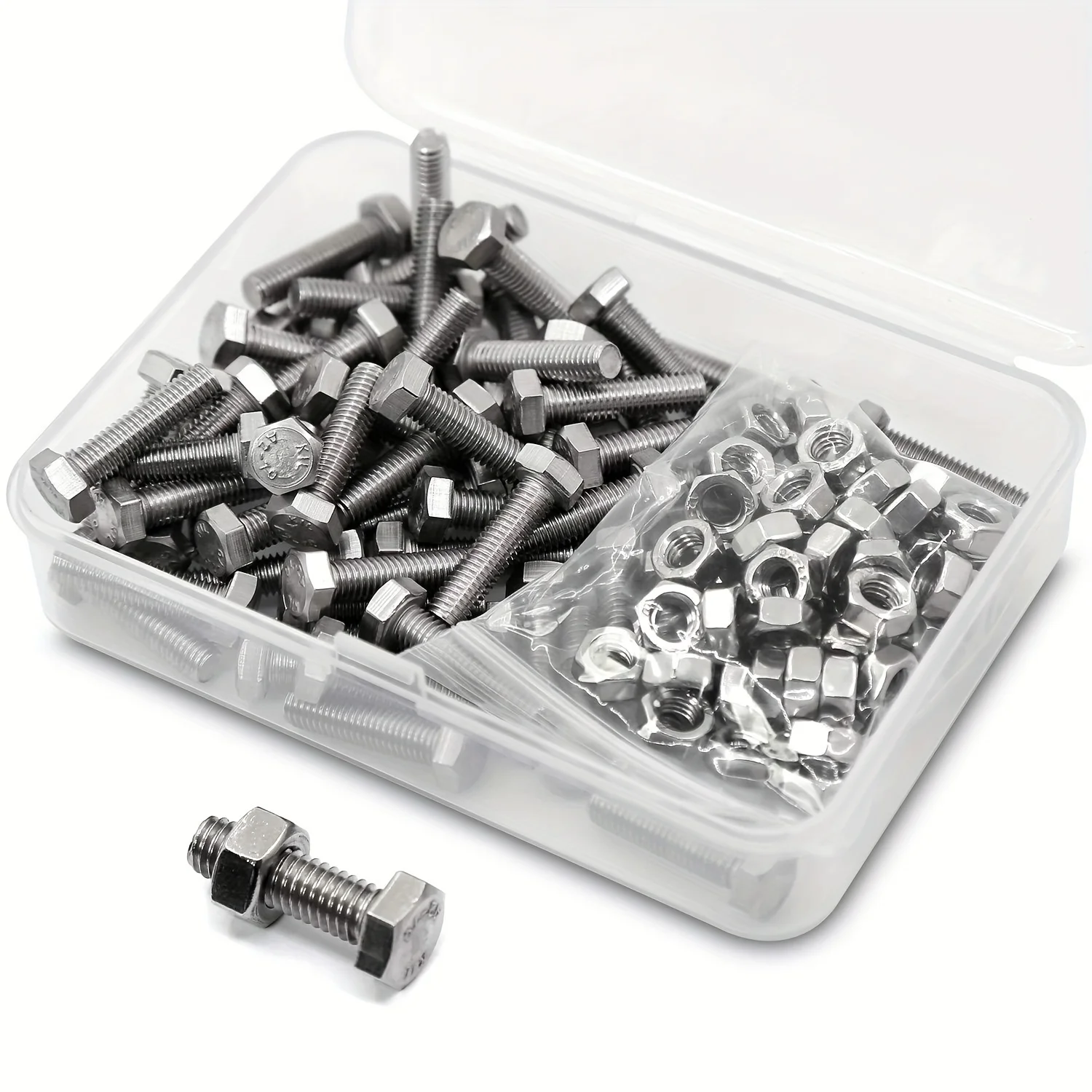 (50 Sets) M5-0.8 x12/ 16/20/25mm Hex Head Bolts and Nuts Set, 304 Stainless Steel,Full Thread, Bright Finish, Machine Thread
