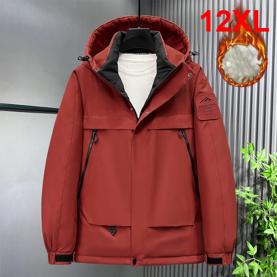 12XL Plus Size Waterproof Windbreaker Cargo Parkas Men Autumn Winter Thick Jacket Big Pocket Parkas Fashion Casual Hooded Jacket