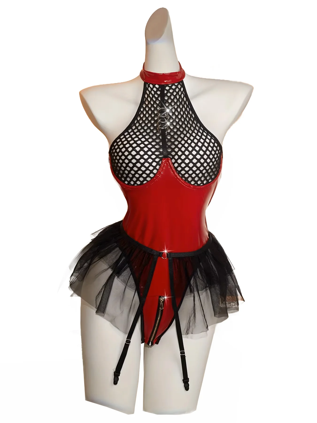 Women Halter Neck Mesh Bodysuit with Tulle Skirt Hem, Lace Trim Adjustable Straps, Corset Back Design (One size fits 88-132lbs）