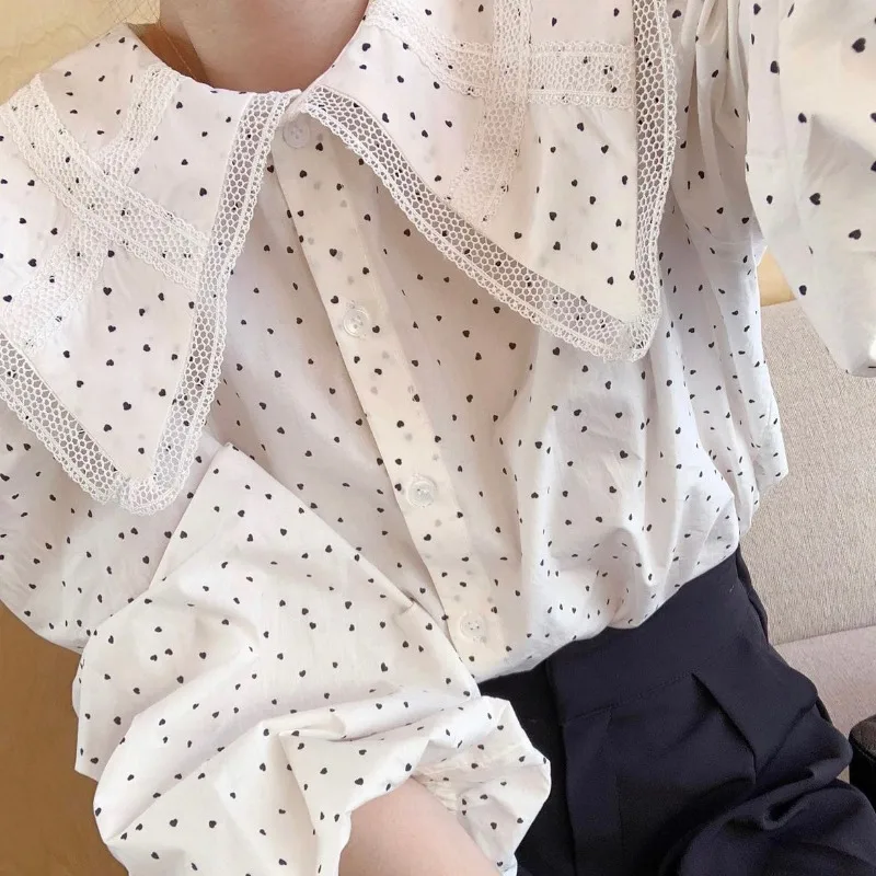 Wiosna Lato Damskie 100% Bawełna Kropki Słodka Bluzka Kołnierzyk Piotruś Pan Koronkowe Patchworkowe Koszule Damskie Topy 2025