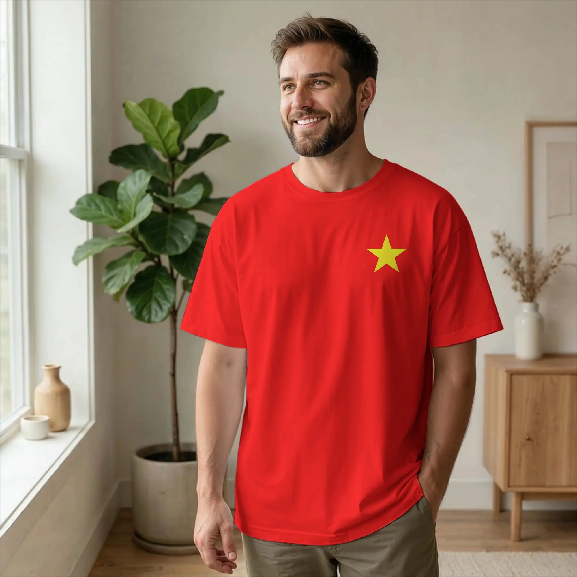 Men T-Shirts Vietnam Flag Yellow Star Asia Vintage Cotton Tee Shirt Short Sleeve Souvenir T Shirt O Neck Clothing Big Size
