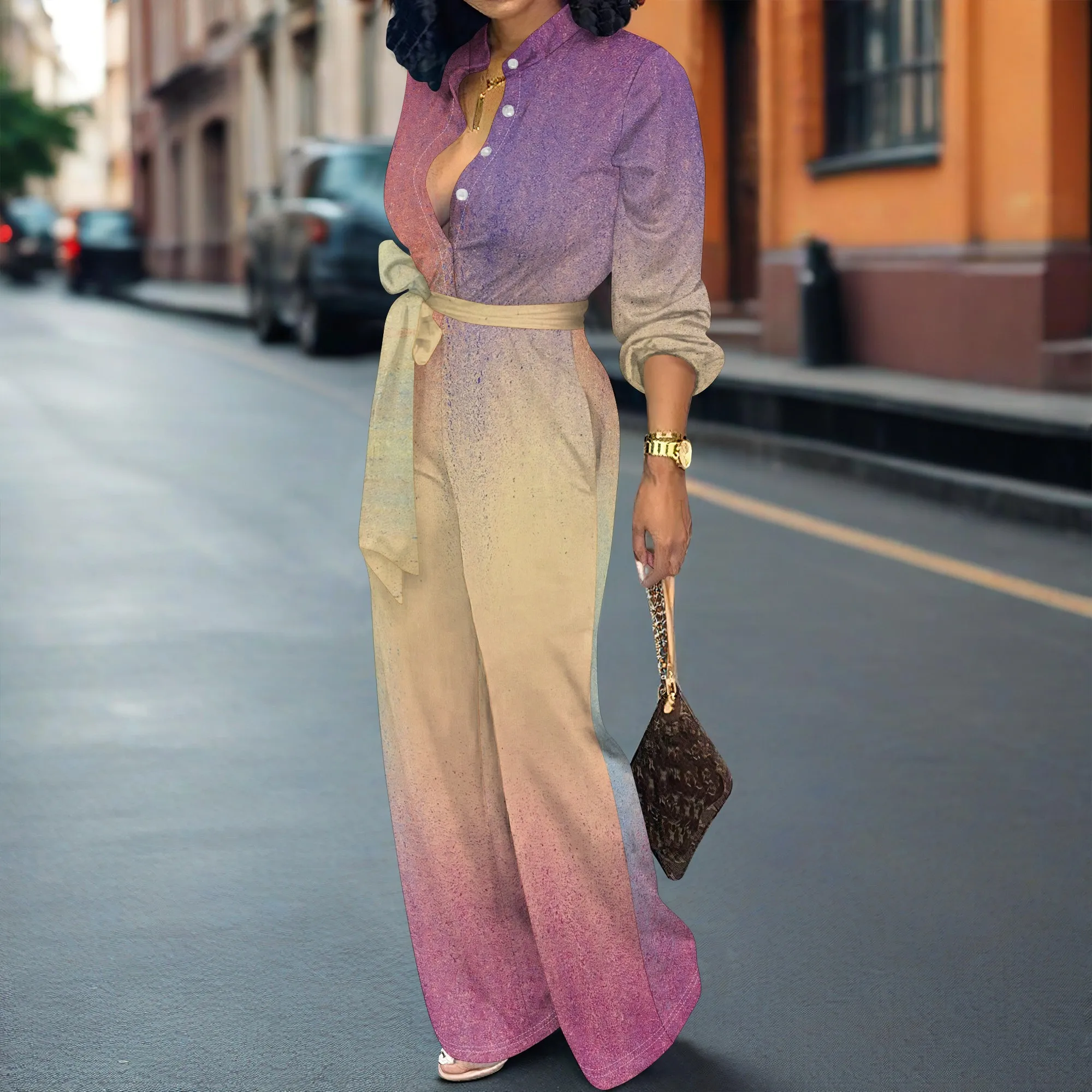 Women’s Long Sleeve Jumpsuit Ombre Gradient Color Belted Waist Wide Leg Elegant Casual Romper