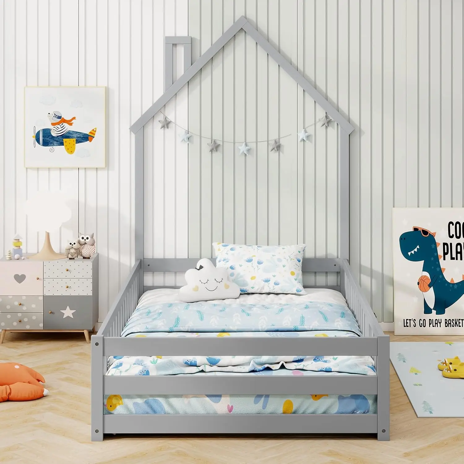 

Twin Floor Bed for Kids, House-Shaped Montessori Bed Frame with Headboard, Chimney & Solid Wood Structure, Without Slats
