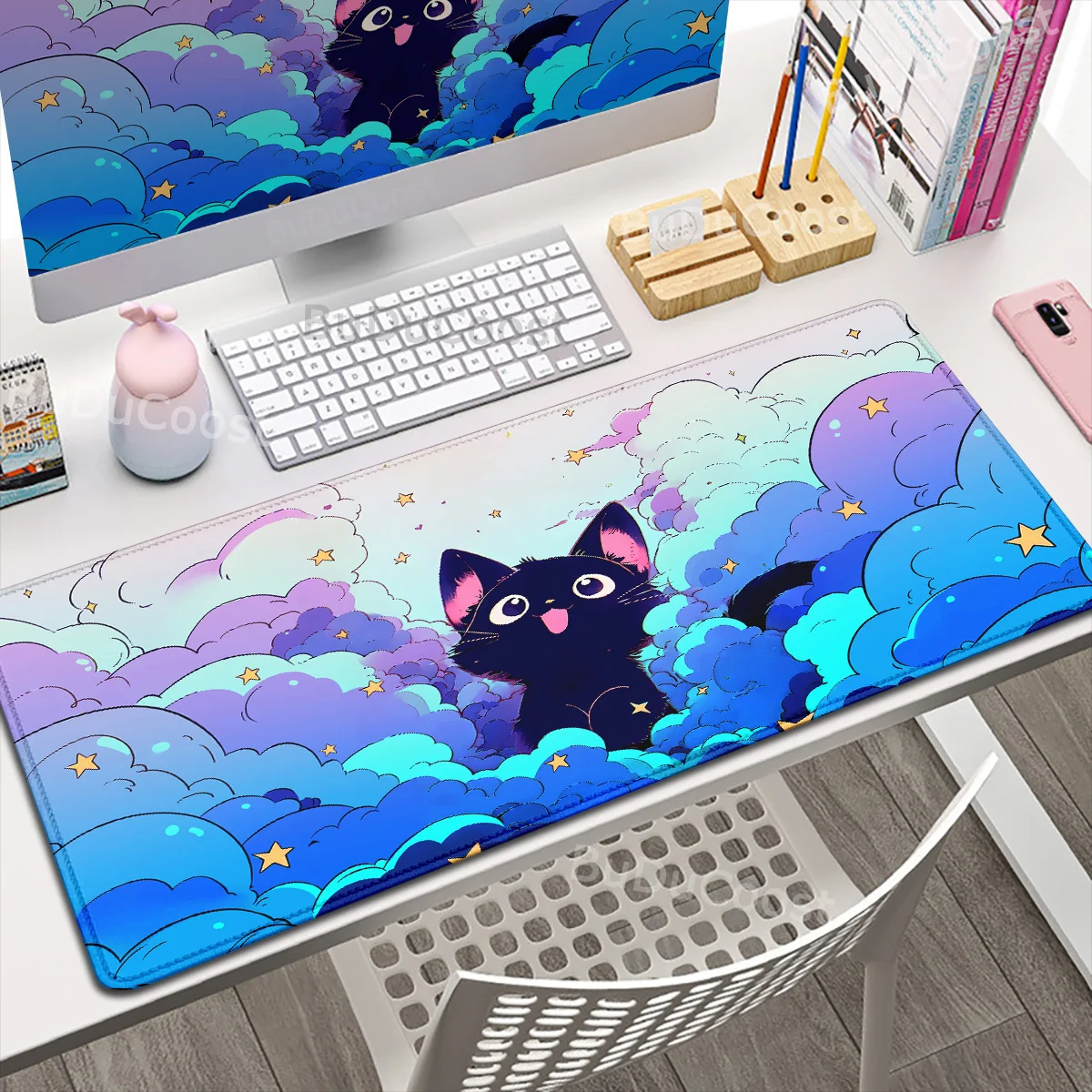 Large Computer Gamer Office Carpet XXL Home HD Desk Mat Black Cat on The Cloud Non-slip Keyboard Mouse Pad Kawaii Art Design Rug