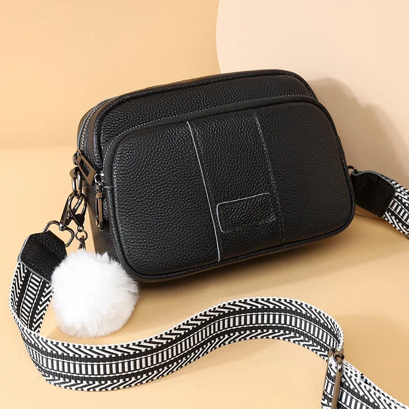 100% Genuine Leather Messenger Bag Women Fashion Style Female Handbag With Wide Shoulder Strap Luxury Hair bulb Crossbody Sac