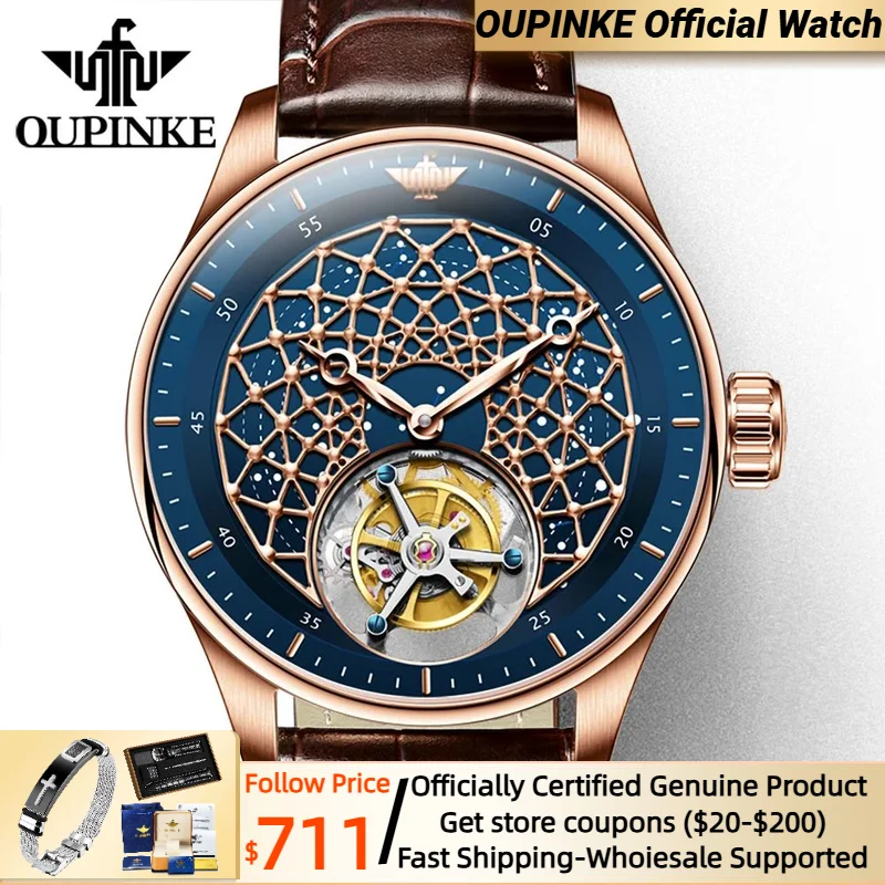 

OUPINKE Luxury Tourbillon Watch Mens Sapphire Crystal Leather Band Waterproof Skeleton Automatic Mechanical Watches 2023 Trend