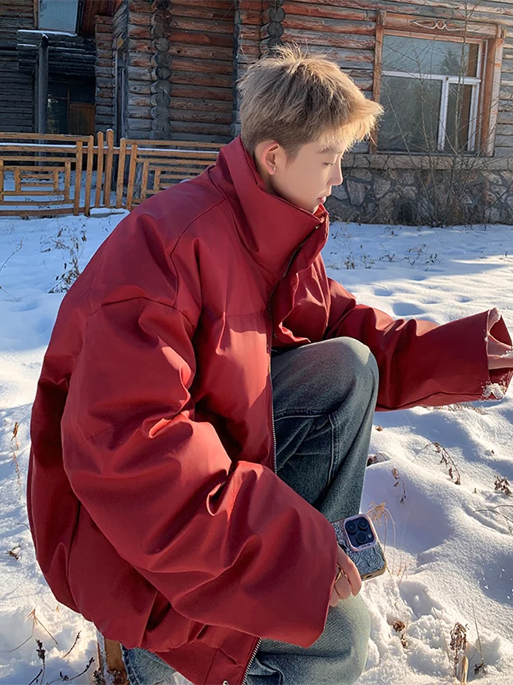 

Red Wine Color Thiened down Cotton Jaet for Men Winter Outdoor Warm Coat Northeast below 40 Deees Faenheit