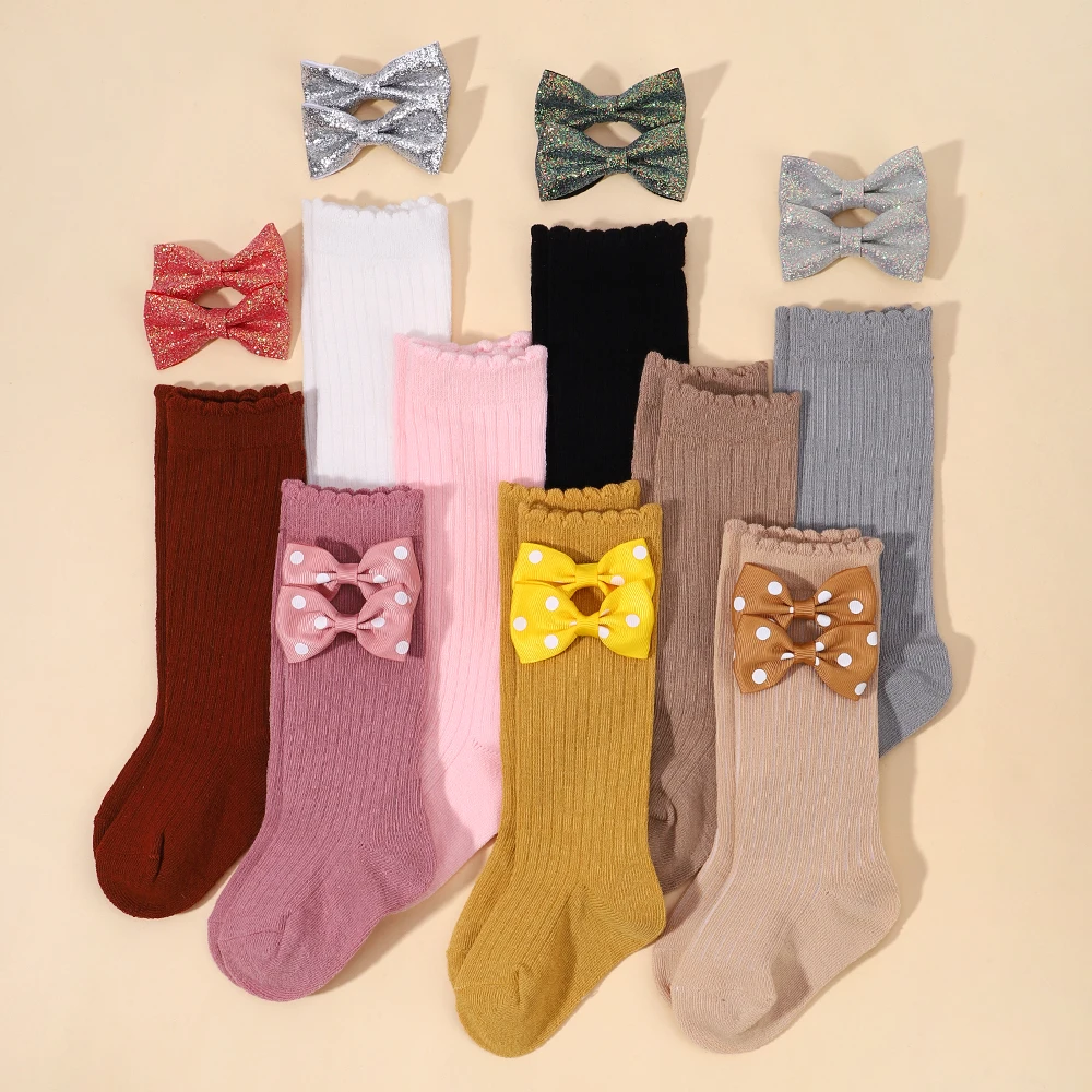 6Pcs/Set Soft Elastic Socks Girls Baby Solid Knit Socks Bows Hairpin Set  Hair Accessories shiny Hairclip Gift 6-10 Years Kids