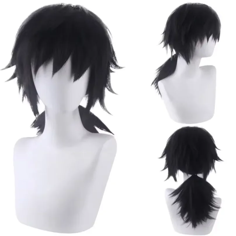 Anime Tomioka Giyuu Cosplay Wig Long Black Ponytail Shaggy Layered Styling Wig Heat Resistant Synthetic Wigs Halloween