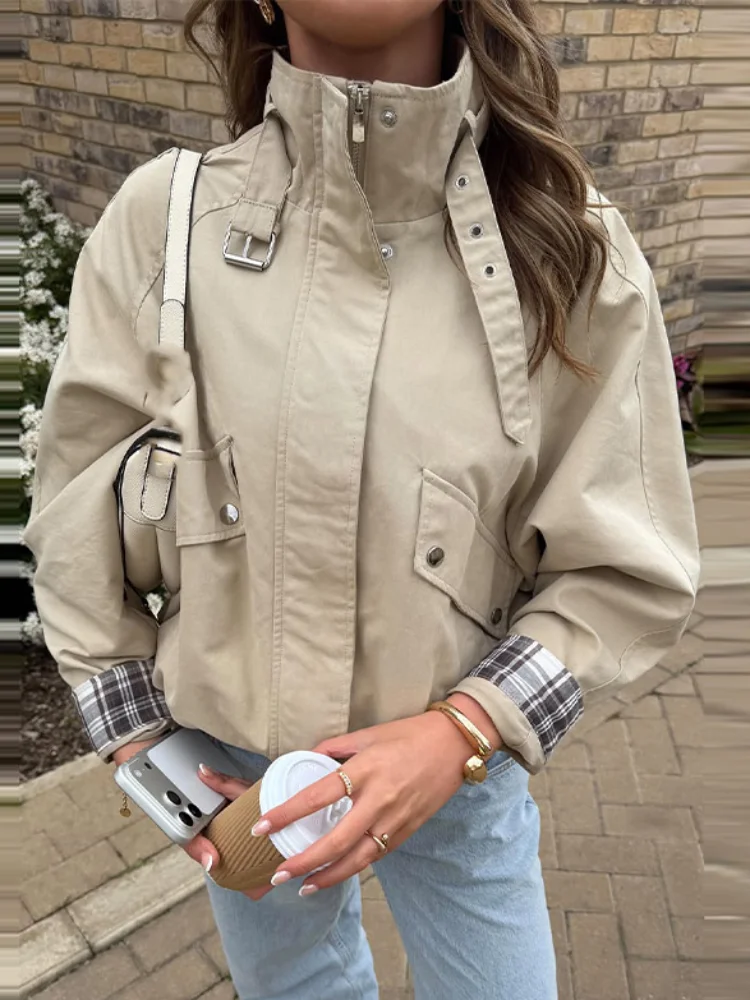Women'S Fashion Utility Jacket - Modejas met opstaande kraag, riemgesp, lange