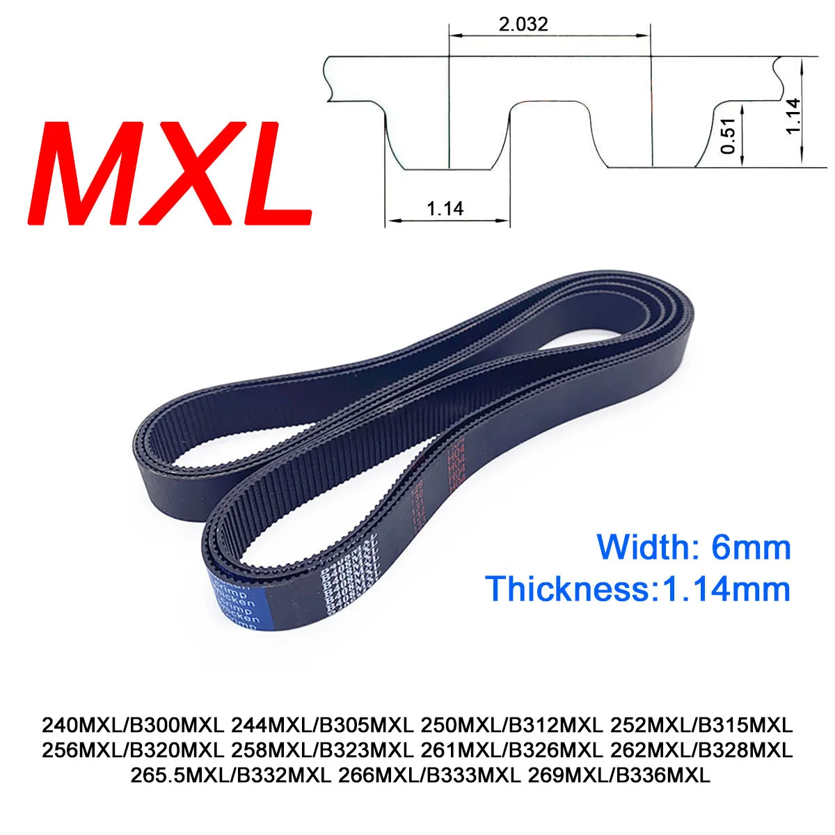 1Pc Width 6mm MXL Rubber Trapezoid Tooth Timing Belt Pitch Length 240/244/250/252/256/258/261/262/265.5/266/269 Inch Drive Belts