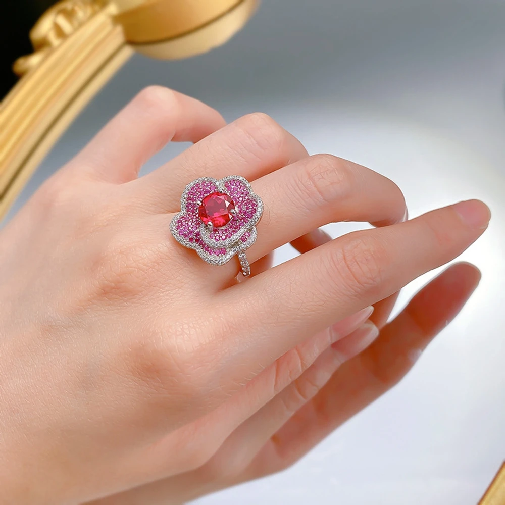 Wong Rain 100% 925 Sterling Silver Flower Ruby High Carbon Diamond Gemstone Wedding Fine Jewelry Sparkling Ring for Women Gifts