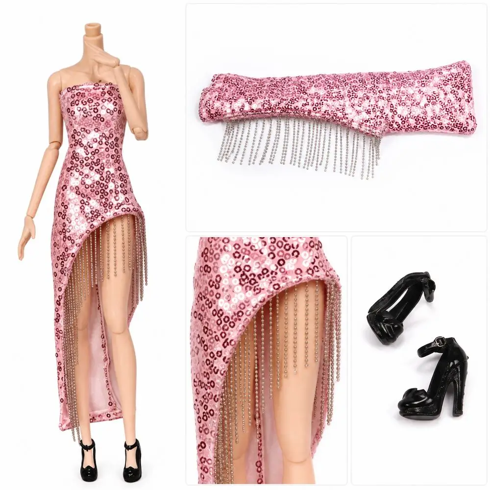 Gifts Fabric Fashion Dress Sequined Strapless Style Evening Gown High Heel Shoes Asymmetrical Hem Clothing Set Role Play