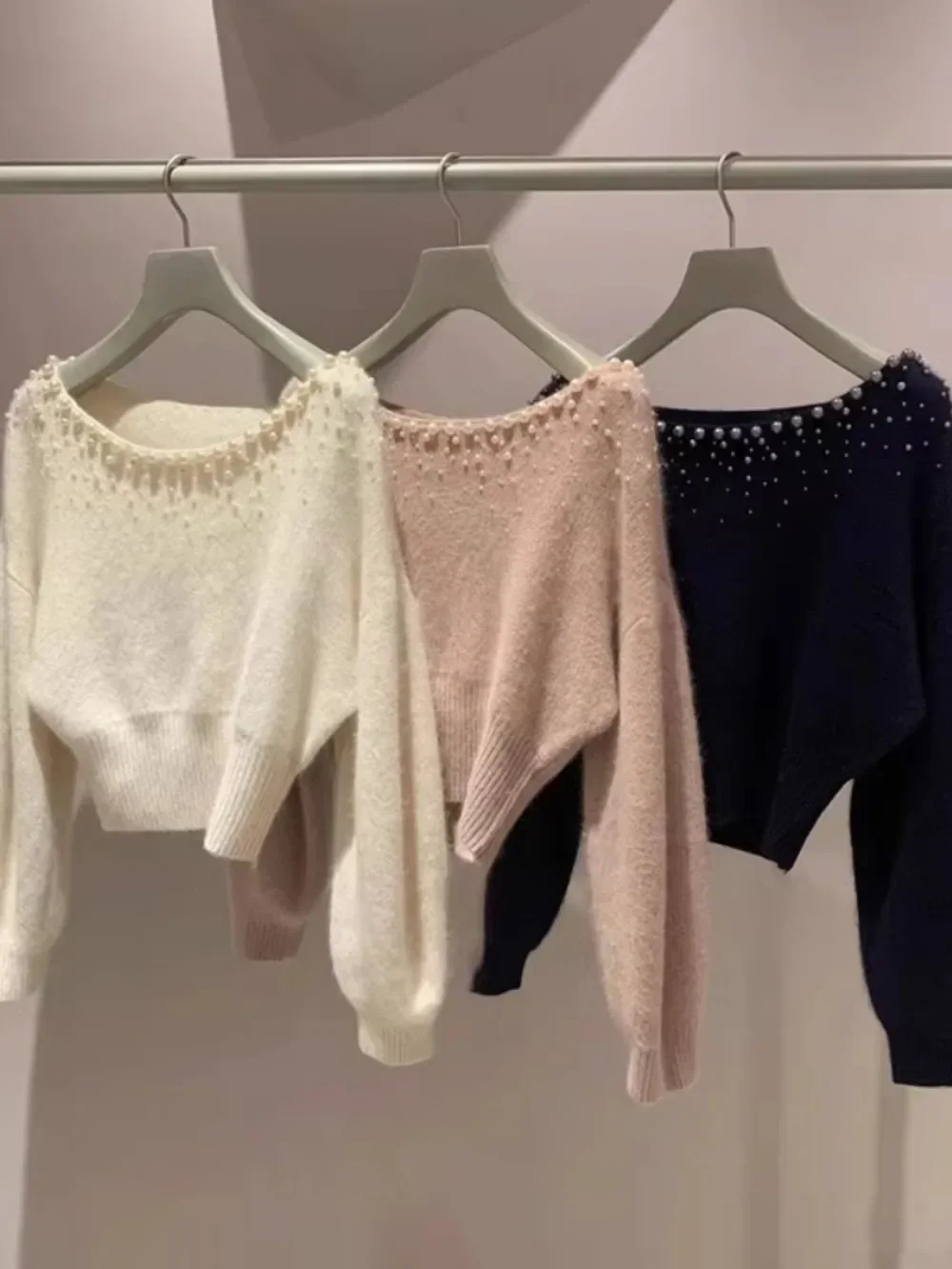 Kuzuwata Slash Neck Batwing Sleeve Sweet Jumper Fresh Solid Shoulder Strapless Casual Pullovers Japan Knit Moda Pearl Sweaters