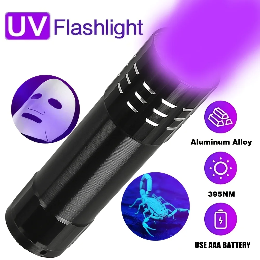395nm UV Flashlights Blacklight UV Light Ultraviolet Flashlight for Pet Urine Detection Curing Lighting Use 3*AAA Battery Torch