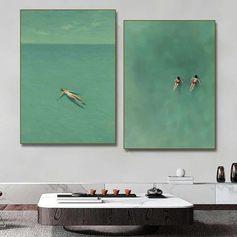 Canvas Painting De Chica Nadando En El Mar, Océano Verde,  De Paisaje Minimalista Verde Vintage, Arte De Pared, Decoración De