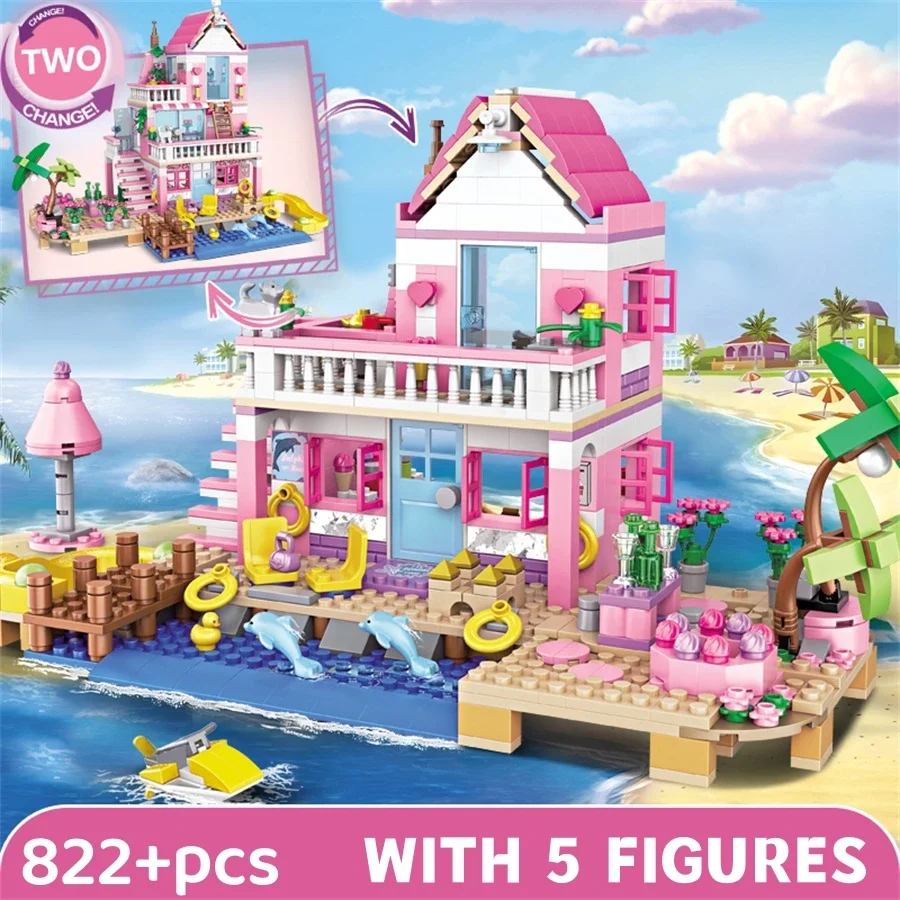 FUNXINEE 822Pcs Double-Layer Beach Villa Transformable House Building Blocks Creative Ornament Birthday Gift For Girls