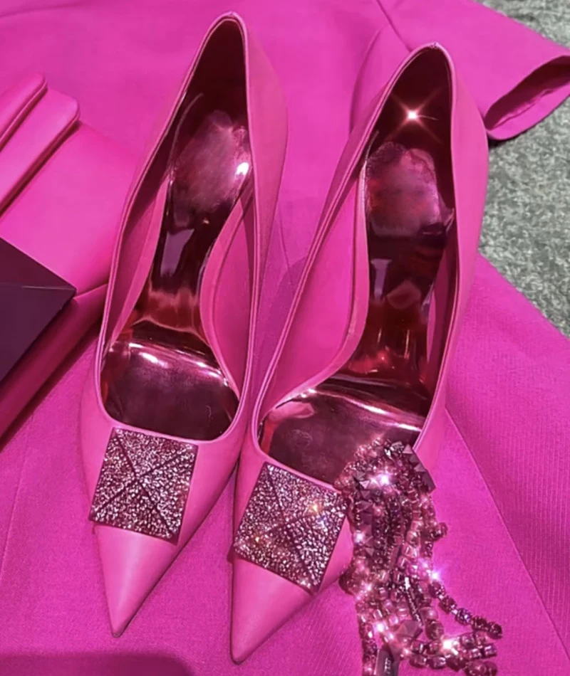 Crystal Studded Square Fuchsia Pumps Stiletto Shoes Women Hot Pink Leather Pointed Toe Shallow High Heel Slip On Banquet Shoes