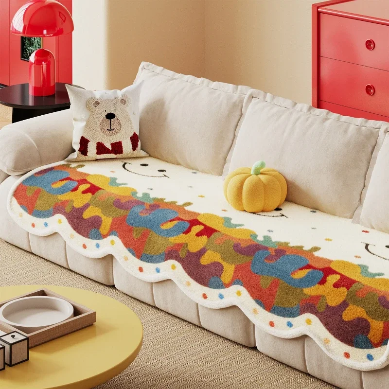 Colorful Polka Dot Sofa Towels with Thickened Plush Couch Cushion with Cartoon Graffiti Sofa Pads Anti Slip and Non Displacement