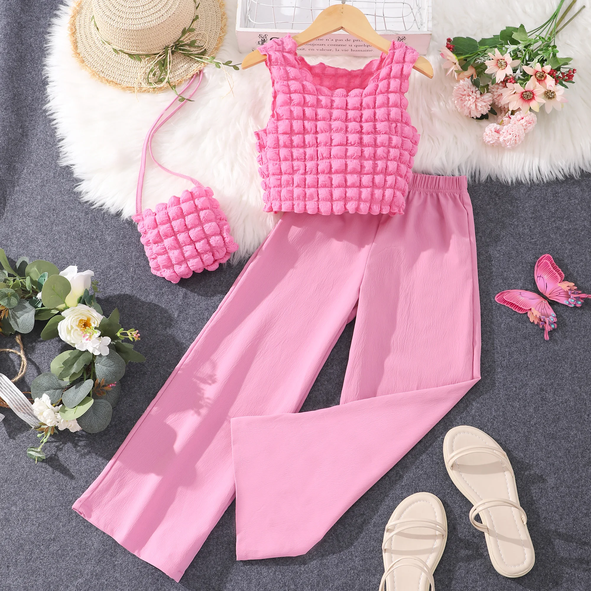 Girls Clothes Summer Clothes Beautiful Fashion Round Neck Sleeveless Solid Pants with Bag Set Clothing for Girls