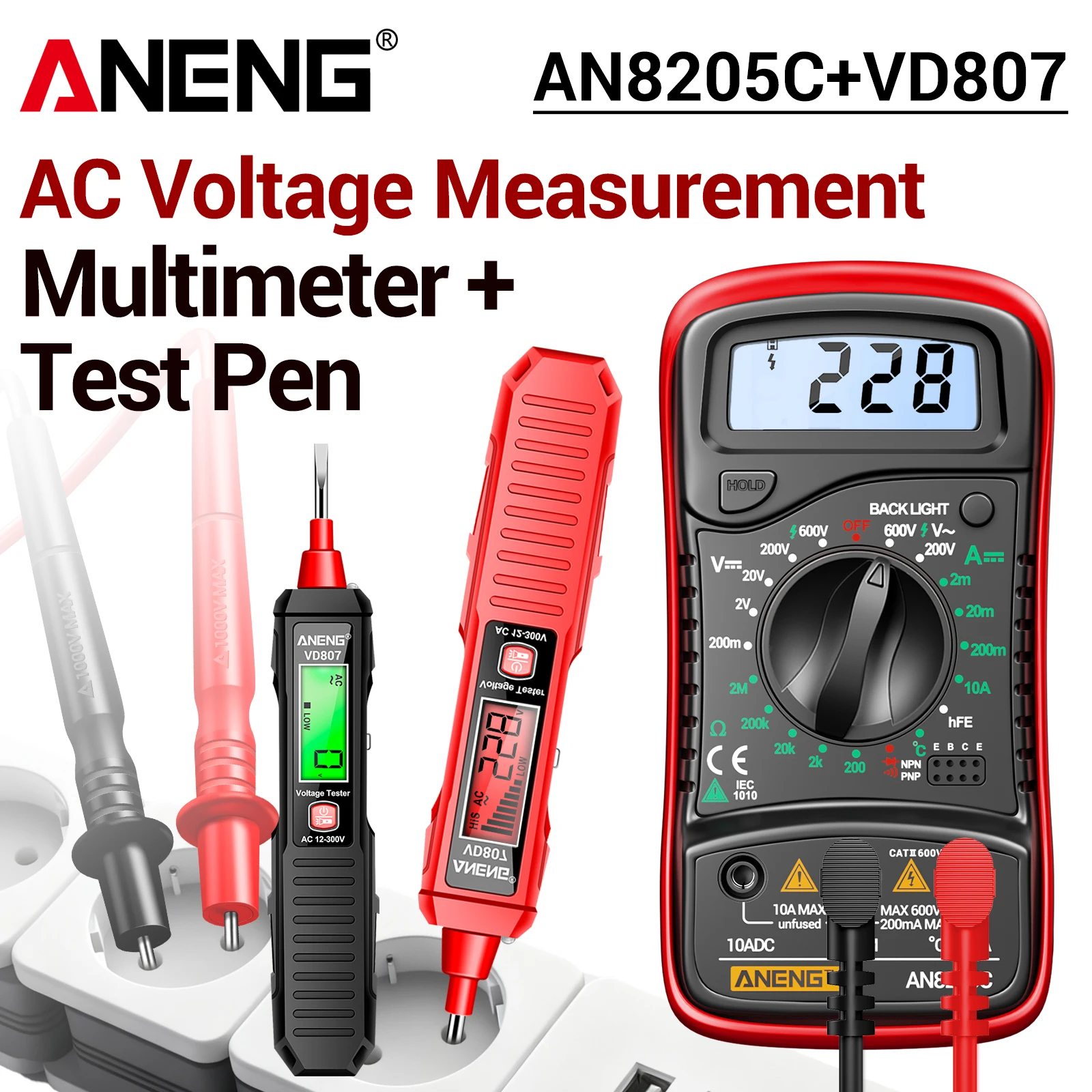 Multimeter Voltage Tester Suits ANENG AN8205C+VD807 12V-300V AC Voltage Detector Car Amp Car Repair hFE Triode DIY Test Tools
