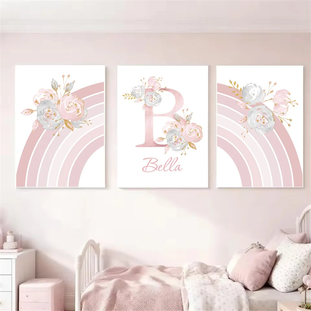 Cartoon Pink Flower Rainbows Wall Art Canvas Painting Personalized Custom Name Posters Prints Picture Nursery Girls Room Decor