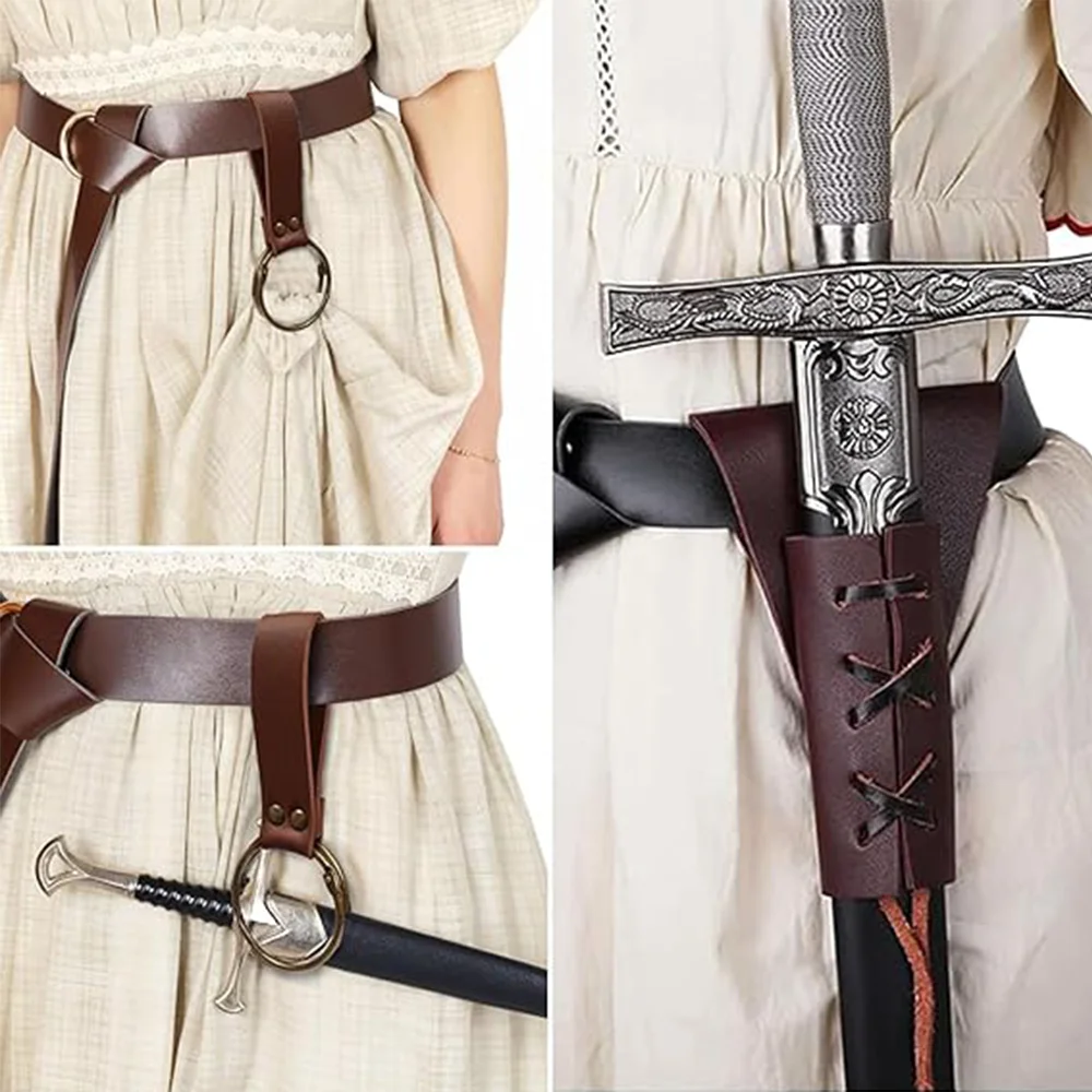 3PCS Brown Medieval Leather Sword Frog Dagger Holder Belt Rapier Scabbard Knight Renaissance Pirate Halloween Costume Cosplay