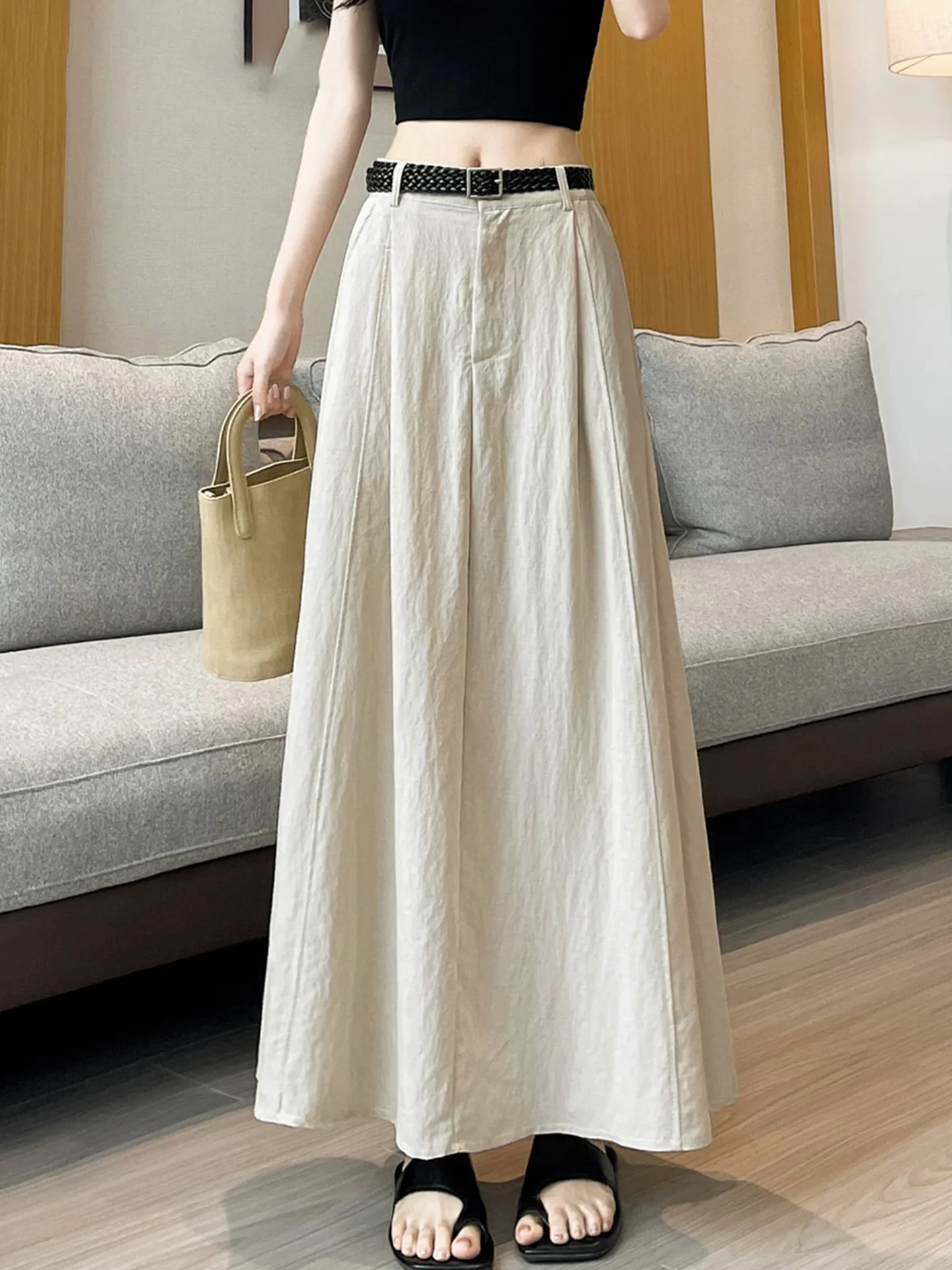 Khaki Cotton Linen Belted Half Skirt Women's Summer New High Waist Draping Hip Covering Slim A-Line Long Skirt