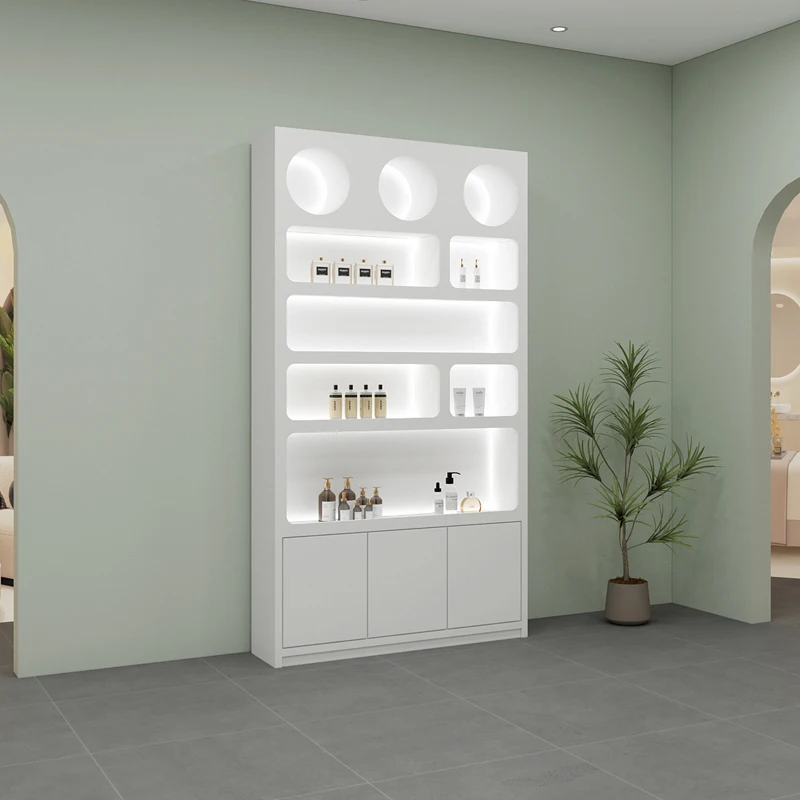 High-end custom wooden modern beauty salon, nail products, skin care products, background wall, cosmetics display cabinet