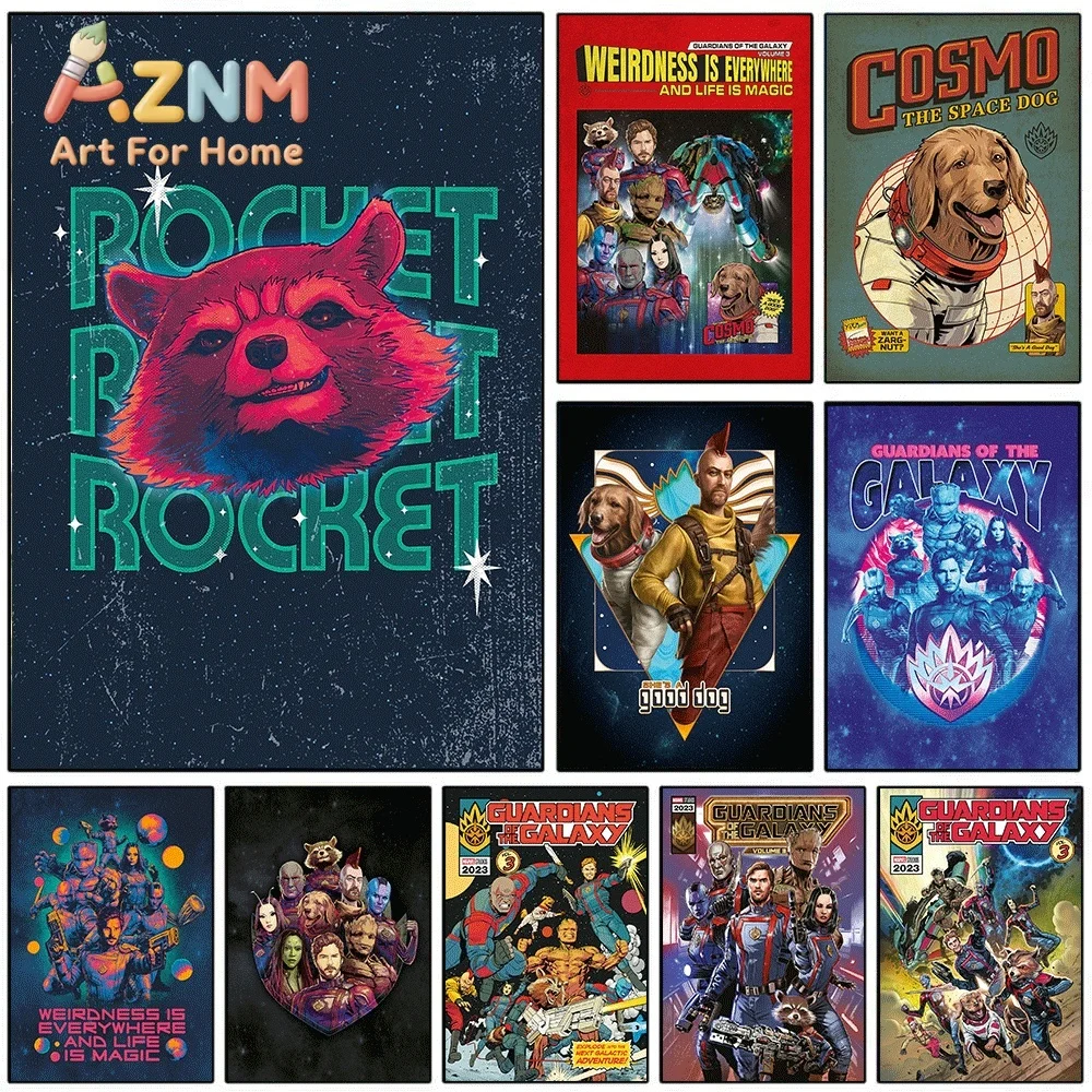 AZNM Rocket Raccoon Guardians of the Galaxy Canvas Wall Art Frameless Print Movie Poster Home Bedroom Living Room Decor Painti