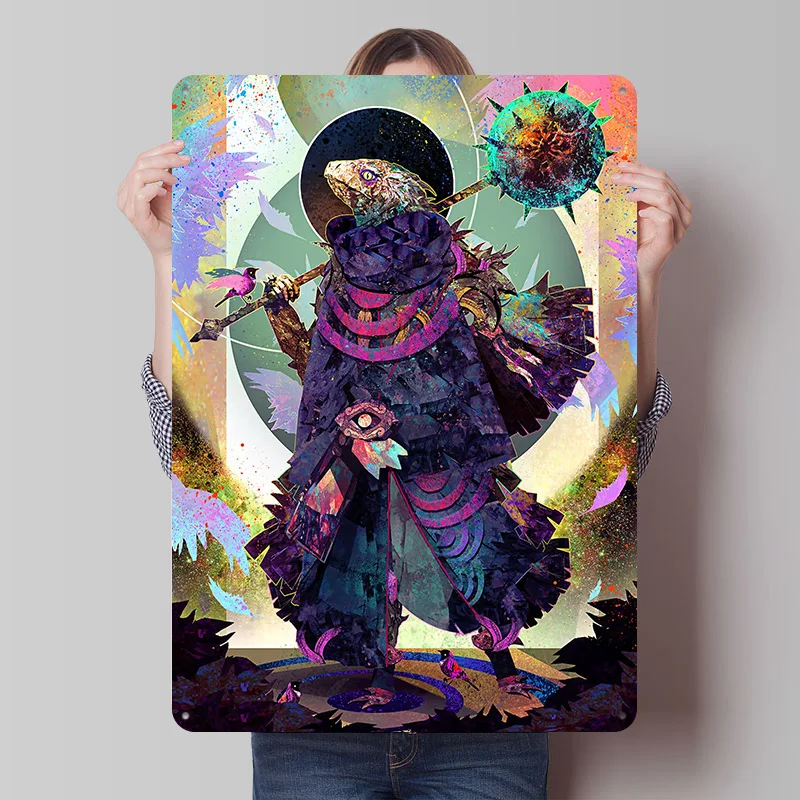 Lizard Warrior With Spiked Mace Tin Plaque Poster Customized Retro Wall Art Vintage Metal Signs for Room Bathroom Decor Home