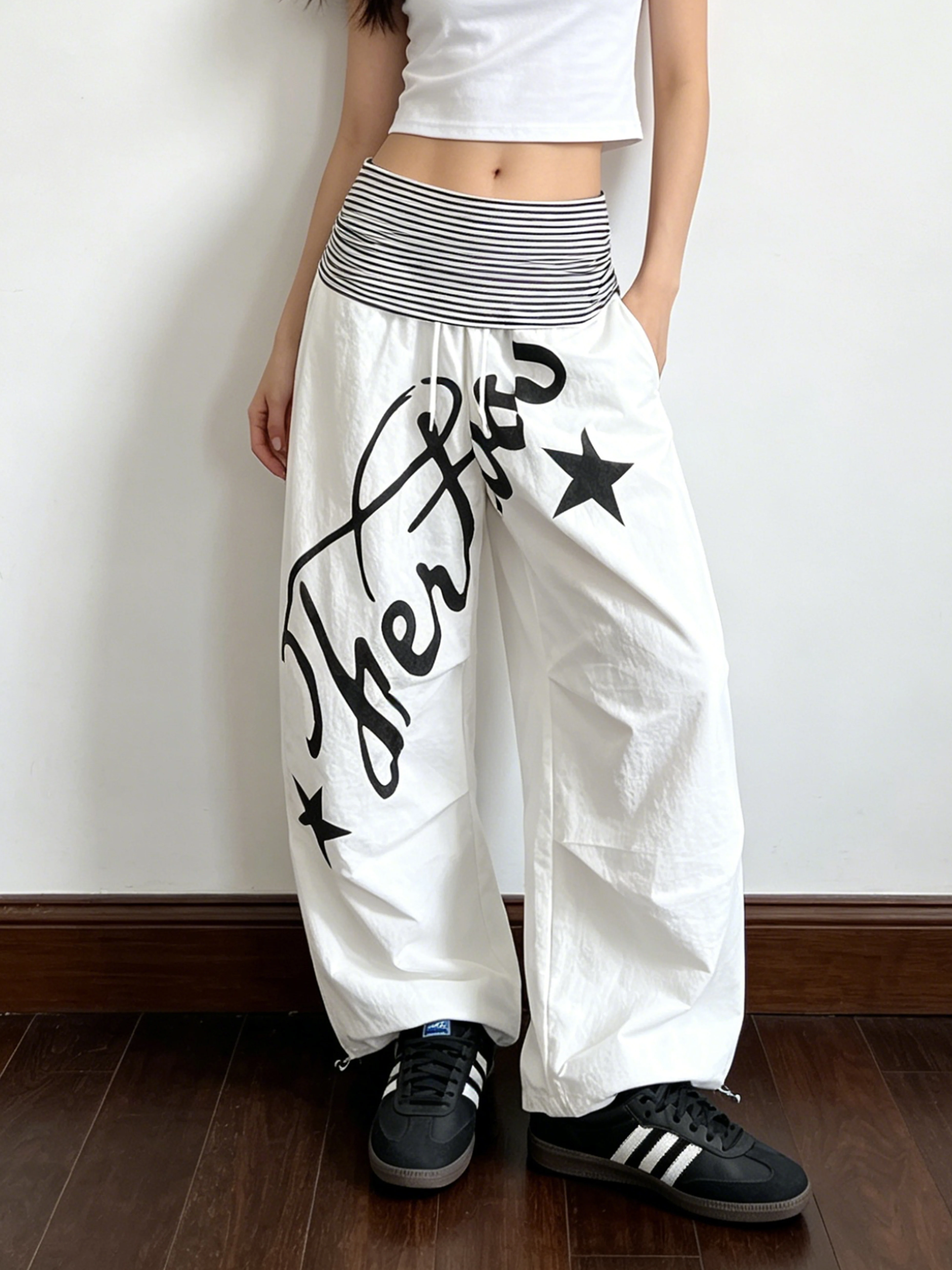 

Vintage American Letter Star Women's Sport Pants Wide Leg Casual Trousers Drawstring Elastic Waist Versatile Casual Pants