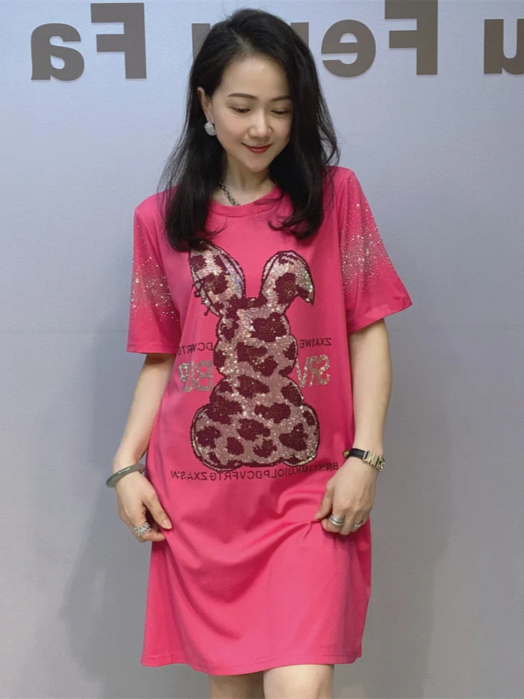 Women Medium-Length T-Shirt Women's Loose-Fit Cotton Crew Neck Top Hot Drilling Cartoonins Unique Short Sleeves Summer