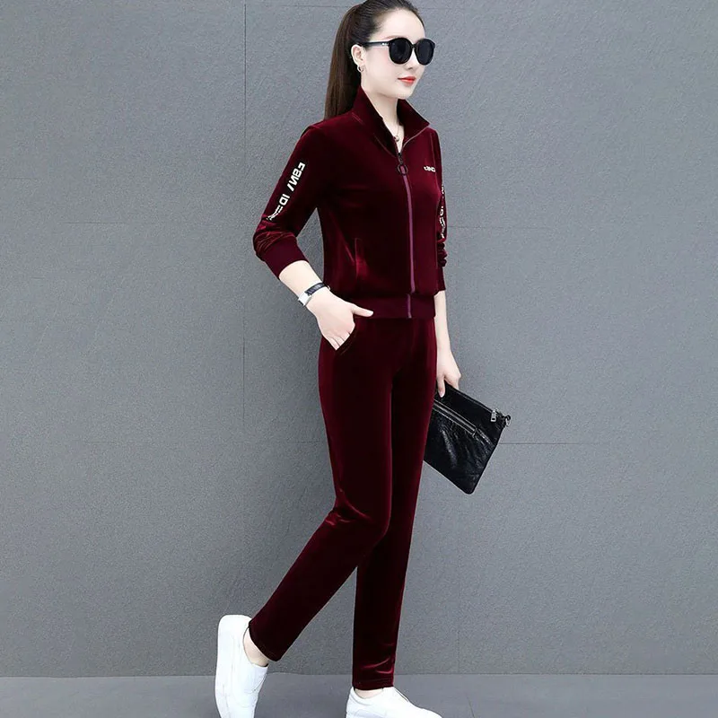 Gold Velvet Sports Suit Women's Spring Autumn New 2025 High-End Collar Medium Loose Chic Casual Sportswear Two-Piece Set