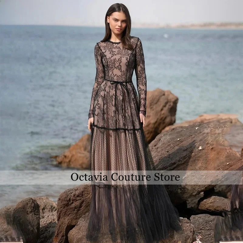 فستان حفلات من الدانتيل الأسود للنساء بياقة دائرية وأكمام طويلة فستان حفلات على شكل حرف A بطول الأرض للمناسبات الرسمية حسب الطلب