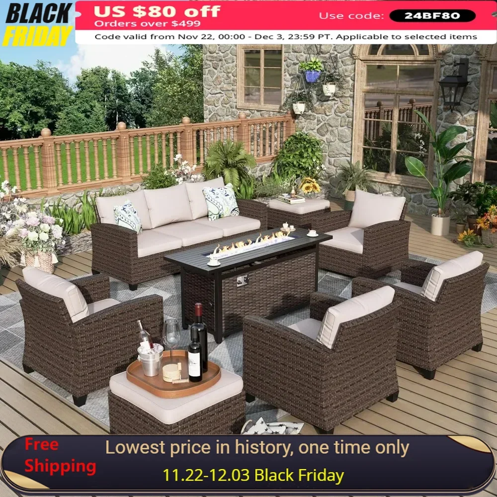 

Patio Furniture Set, 8 Pcs Wicker Outdoor Conversation Set, 4 Leg Chairs with 4" Thick Cushion and 56" Fire Pit Table