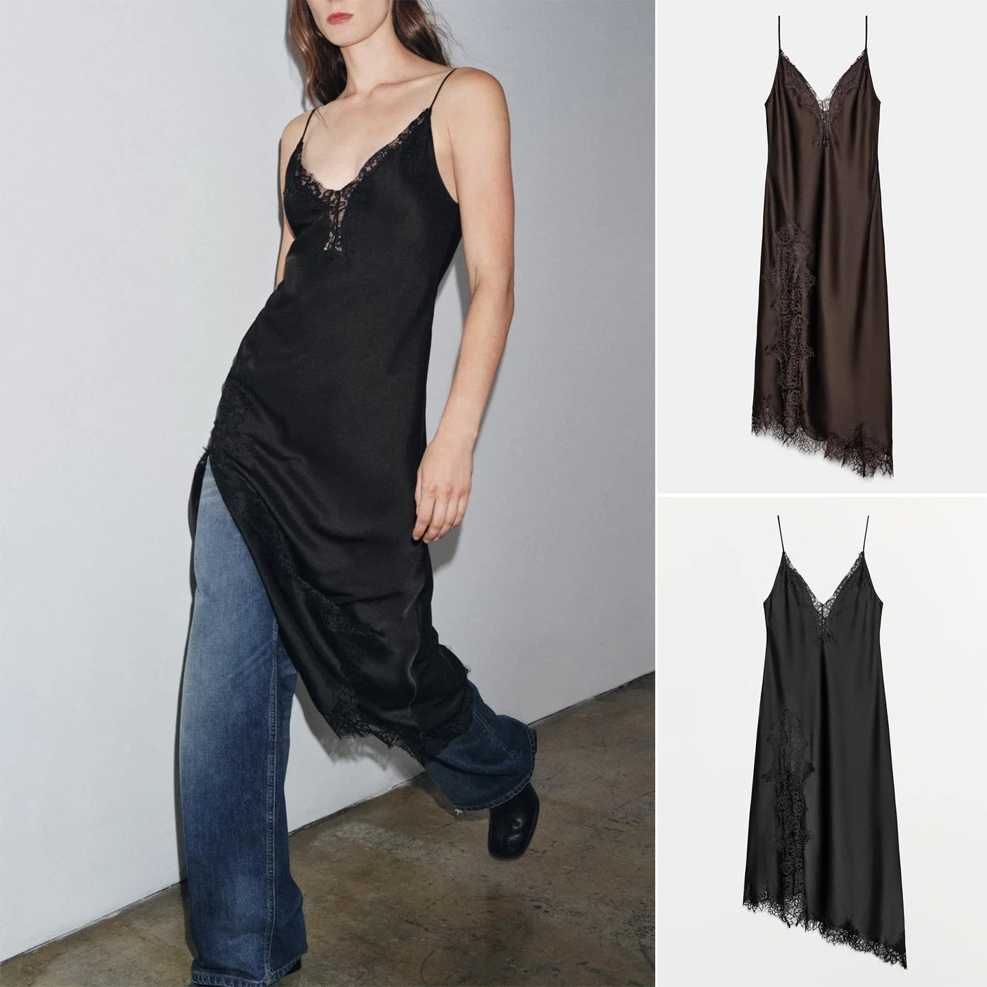 

Шелковое атласное кружевное платье с открытыми плечами и V-образным вырезом, юбка А-силуэта с завышенной талией, из полиэфирного волокна, женская модная зимняя новинка