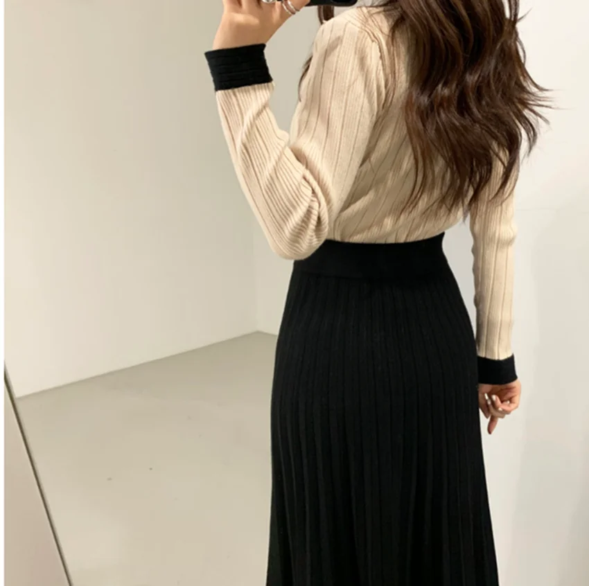 France Autumn Winter Hit Color Knitting 2 Piece Set Women O Neck Single Breasted Cardigan Sweater +Black Long Pleated Skirt Suit