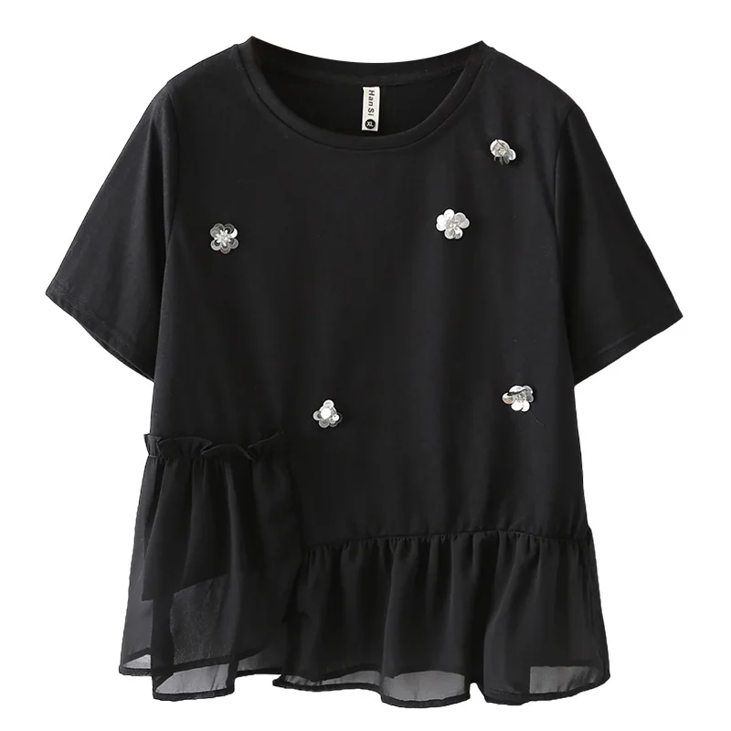 

Летние женские топы больших размеров, новинка 2025 года, трехмерная футболка с декоративным цветком в стиле пэчворк, с короткими рукавами, 100 кг, 2530